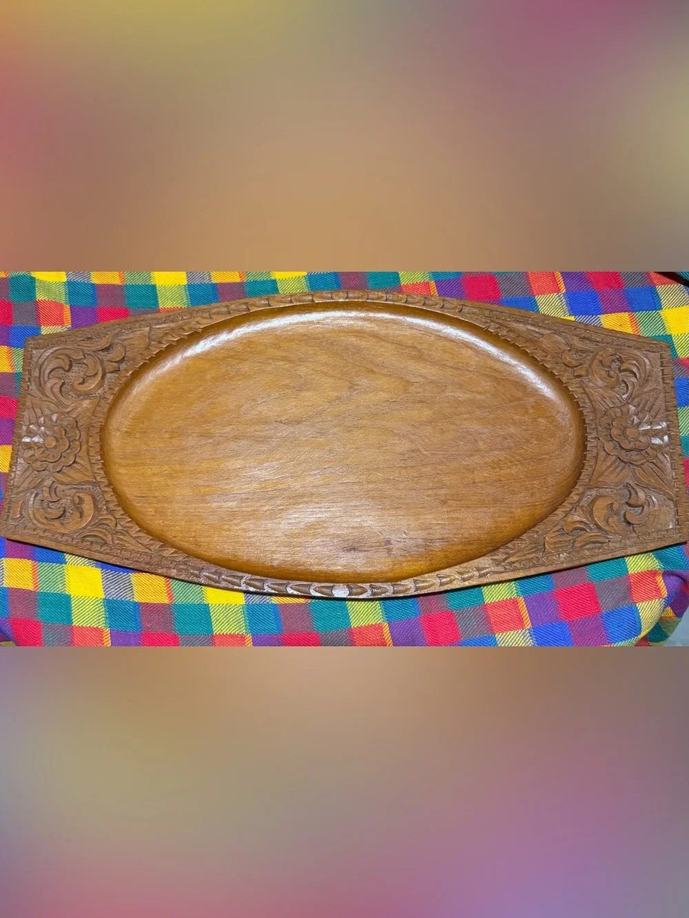 Vintage Ornate Wooden Serving Tray With Flowers